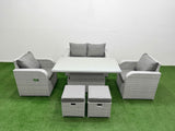 Fimous Light Grey PE Wicker Rattan Garden Furniture Set Sofa Set Reclining Chair Adjustable Lifting Dining or Coffee Table 6 Seater 2 Small Stools