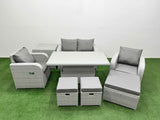 Fimous Light Grey PE Wicker Rattan Garden Furniture Set Sofa Set Reclining Chair Adjustable Lifting Dining or Coffee Table 7 Seater 3  Stools Side Table
