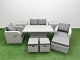 Fimous Light Grey PE Wicker Rattan Garden Furniture Set Sofa Set Reclining Chair Adjustable Lifting Dining or Coffee Table 7 Seater 3  Stools 2 Side Table