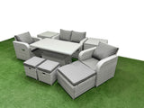 Fimous Light Grey PE Wicker Rattan Garden Furniture Set Sofa Set Reclining Chair Adjustable Lifting Dining or Coffee Table 7 Seater 3  Stools 2 Side Table