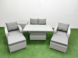 Fimous Light Grey PE Wicker Rattan Garden Furniture Set Sofa Set Reclining Chair Adjustable Lifting Dining or Coffee Table 6 Seater 2 Big Stools Side Table