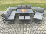 Fimous Aluminium 9 Pieces Garden Furniture Sofa Set with Cushions 10 Seater Gas Fire Pit Dining Table Set with 2 Side Tables 3 Footstools Dark Grey