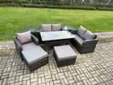 Fimous 7 Seater Lounge Rattan Sofa Set Outdoor Garden Furniture Oblong Rectangular Dining Table With Chairs 2 Big Footstool 2 Side Tables Dark Grey Mixed