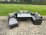 Fimous Lounge Rattan Sofa Set Outdoor Garden Furniture Oblong Rectangular Dining Table With Chairs 2 Side Tables Big Footstool Dark Grey Mixed