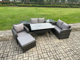 Fimous Lounge Rattan Sofa Set Outdoor Garden Furniture Oblong Rectangular Dining Table With Chairs 2 Side Tables Big Footstool Dark Grey Mixed