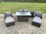 Fimous Rattan Garden Furniture Set Outdoor Patio Gas Fire Pit Dining Table and Chairs with Love seat Sofa 2 Footstools Side Table