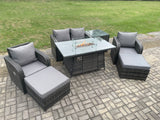 Fimous Rattan Garden Furniture Set Outdoor Patio Gas Fire Pit Dining Table and Chairs with Love seat Sofa 2 Footstools Side Table