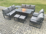 Fimous Aluminium Outdoor Garden Furniture Set Patio Lounge Sofa Gas Fire Pit Dining Table Set with 2 Small Footstools Side Table Dark Grey