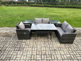 Fimous Lounge Rattan Sofa Set Outdoor Garden Furniture Oblong Rectangular Dining Table With Chairs 2 Side Tables Dark Grey Mixed