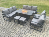 Fimous Aluminium Outdoor Garden Furniture Set Patio Lounge Sofa Gas Fire Pit Dining Table Set with 2 Small Footstools Dark Grey