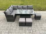 Fimous Wicker PE Outdoor Rattan Garden Furniture Set Height Adjustable Rising Lifting Table Sofa Dining Set with 3 Small Footstools Dark Grey Mixed