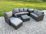 Fimous Rattan Garden Furniture 6 Piece Patio Set With Table Sofa Square Coffee Table Reclining Chair Loveseat sofa Big Footstool Side Table