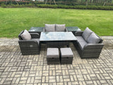 Fimous 7 Seater Lounge Rattan Sofa Set Outdoor Garden Furniture Oblong Rectangular Dining Table With Chairs 2 Small Footstools 2 Side Tables Dark Grey Mixed