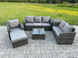 Fimous Rattan Garden Furniture 6 Piece Patio Set With Table Sofa Square Coffee Table Reclining Chair Loveseat sofa Big Footstool Side Table