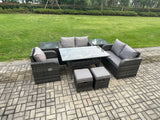 Fimous 7 Seater Lounge Rattan Sofa Set Outdoor Garden Furniture Oblong Rectangular Dining Table With Chairs 2 Small Footstools 2 Side Tables Dark Grey Mixed