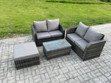 Fimous Outdoor Lounge Sofa Set Rattan Garden Furniture Set with Rectangular Coffee Table Big Footstool Dark Grey Mixed