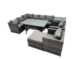Fimous Outdoor PE Rattan Sofa Set with Dining Table Patio Garden Furniture Sets with Big Stool Side Table Dark Grey Mixed