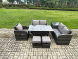 Fimous Lounge Rattan Sofa Set Outdoor Garden Furniture Oblong Rectangular Dining Table With Chairs Side Table 2 Small Footstools Dark Grey Mixed