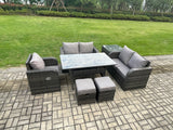 Fimous Lounge Rattan Sofa Set Outdoor Garden Furniture Oblong Rectangular Dining Table With Chairs Side Table 2 Small Footstools Dark Grey Mixed