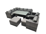 Fimous Outdoor PE Rattan Sofa Set with Dining Table Patio Garden Furniture Sets with 3 Stool Dark Grey Mixed
