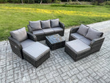 Fimous 8 Seater High Back Rattan Garden Furniture Set with Square Coffee Table 2 Big Footstool Indoor Outdoor Patio Lounge Sofa Set Dark Grey Mixed