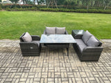 Fimous Lounge Rattan Sofa Set Outdoor Garden Furniture Oblong Rectangular Dining Table With Chairs Side Table Dark Grey Mixed