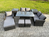 Fimous 8 Seater Outdoor Rattan Patio Furniture Set Garden Height Adjustable Rising Lifting Table Sofa Dining Set with 2 Side Tables 3 Footstools Dark Grey Mixed
