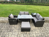 Fimous Lounge Rattan Sofa Set Outdoor Garden Furniture Oblong Rectangular Dining Table With Chairs Big Footstool Side Table Dark Grey Mixed