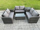 Fimous Outdoor Garden Furniture Sets 6 Seater Wicker Rattan Furniture Sofa Sets with Rectangular Coffee Table Love Sofa Side Table Dark Grey Mixed