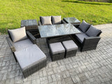 Fimous 8 Seater Outdoor Rattan Patio Furniture Set Garden Height Adjustable Rising Lifting Table Sofa Dining Set with 2 Side Tables 3 Footstools Dark Grey Mixed