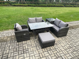 Fimous Lounge Rattan Sofa Set Outdoor Garden Furniture Oblong Rectangular Dining Table With Chairs Big Footstool Side Table Dark Grey Mixed