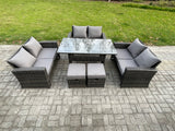 Fimous Wicker PE Rattan Garden Furniture Sets Outdoor Lounge Sofa Set with Oblong Dining Table Double Seat Sofa 2 Small Footstools Dark Grey Mixed