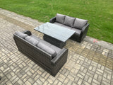 Fimous 6 Seater Garden Dining Sets Outdoor Rattan Furniture Lounge Sofa Height Adjustable Rising lifting Table Set Dark Grey Mixed