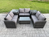 Fimous Outdoor Garden Furniture Sets 6 Seater Wicker Rattan Furniture Sofa Sets with Rectangular Coffee Table Love Sofa 2 Side Tables Dark Grey Mixed