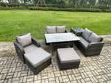 Fimous Lounge Rattan Sofa Set Outdoor Garden Furniture Oblong Rectangular Dining Table With Chairs 2 Big Footstool Side Table 7 Seater Dark Grey Mixed