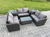 Fimous Outdoor Garden Furniture Sets 6 Seater Wicker Rattan Furniture Sofa Sets with Rectangular Coffee Table Love Sofa 2 Side Tables Dark Grey Mixed