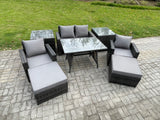 Fimous Rattan Wicker Garden Furniture 6 Seater Patio Conservatory Sofa Set with Rectangular Dining Table Armchair 2 Seater Sofa 2 Big Footstool 2 Side Tables