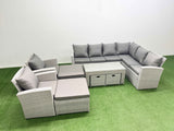 Fimous Rattan Garden Furniture Set 9 Pieces Outdoor Garden Sofa Oblong Coffee Table Set with 2 Chairs 4 Footstools Light Grey Mixed