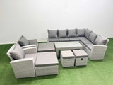 Fimous Rattan Garden Furniture Set 9 Pieces Outdoor Garden Sofa Oblong Coffee Table Set with 2 Chairs 4 Footstools Light Grey Mixed