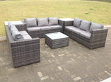 Fimous Patio 9 Seater U Shape Rattan Sofa Set Patio Outdoor Garden Furniture With 3 Coffee Table Dark Grey Mixed