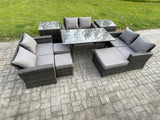 Fimous 9 Seater Wicker PE Rattan Garden Furniture Sets Outdoor Lounge Sofa Set with Oblong Dining Table Double Seat Sofa 3 Footstools 2 Side Tables Dark Grey Mixed