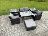 Fimous 5 Seater Outdoor Garden Furniture High Back Rattan Sofa Dining Table Set with 2 SideTables Big Footstool Dark Grey Mixed