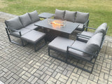 Fimous Aluminium Outdoor Garden Furniture Set Patio Lounge Sofa Gas Fire Pit Dining Table Set with Side Table 2 Big Footstools Dark Grey