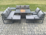 Fimous Aluminium Outdoor Garden Furniture Set Patio Lounge Sofa Gas Fire Pit Dining Table Set with Side Table 2 Big Footstools Dark Grey