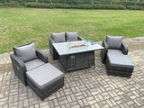 Fimous Rattan Outdoor Garden Furniture Sofa Set Gas Fire Pit Dining Table Gas Heater with Love Sofa 2 Big Footstool Dark Grey Mixed