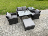 Fimous Outdoor Garden Furniture High Back Rattan Sofa Dining Table Set with Big Footstool Side Table Dark Grey Mixed