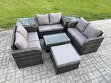 Fimous Outdoor Garden Furniture Sets 7 Seater Wicker Rattan Furniture Sofa Sets with Rectangular Coffee Table Love Sofa 2 Side Tables Big Footstool Dark Grey Mixed