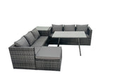 Fimous Rattan Dining Table Sofa Set with Side Table 2 Big Footstools Outdoor Garden Furniture Set Dark Grey Mixed