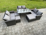Fimous Wicker PE Rattan Garden Furniture Sets Outdoor Lounge Sofa Set with Oblong Dining Table Double Seat Sofa 3 Footstools Dark Grey Mixed