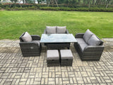 Fimous 7 Seater Lounge Rattan Sofa Set Outdoor Garden Furniture Oblong Rectangular Dining Table With Chairs Footstools Dark Grey Mixed